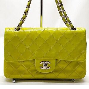 Chanel Classic Double Flap Medium Neon Lambskin Quilted Bag Silver CC Chain Bag